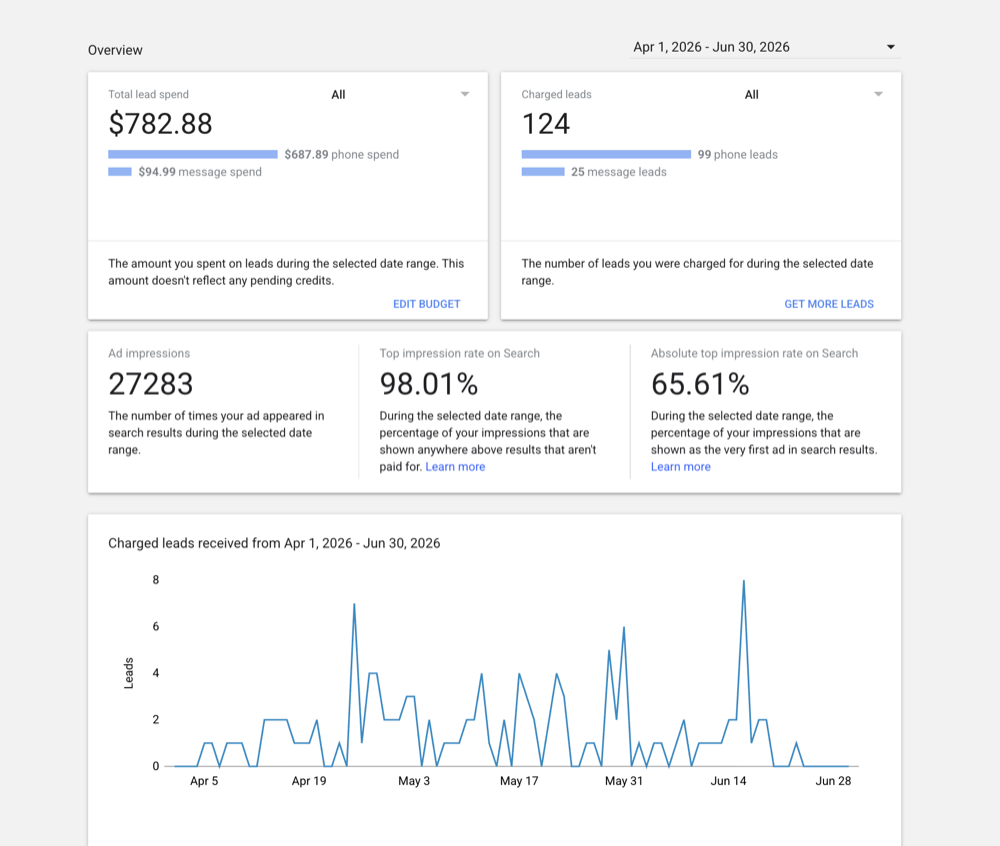 Local Services Ads dashboard showing 124 leads