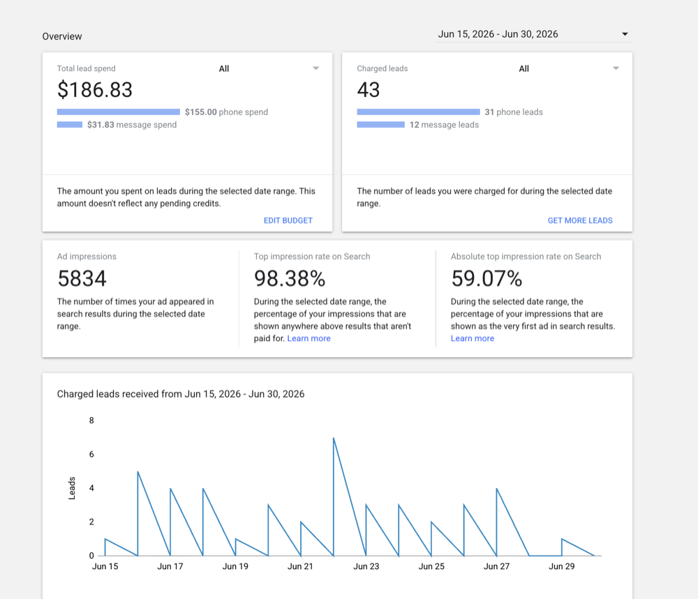 Local Services Ads dashboard showing 43 leads