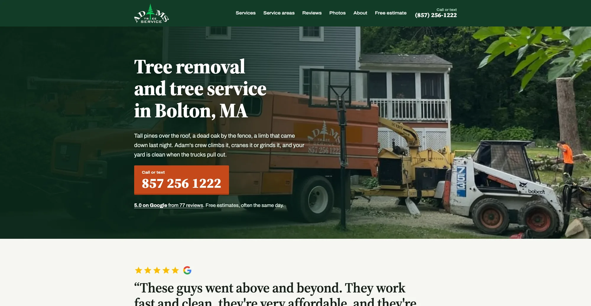 Adam's Tree Service website on desktop