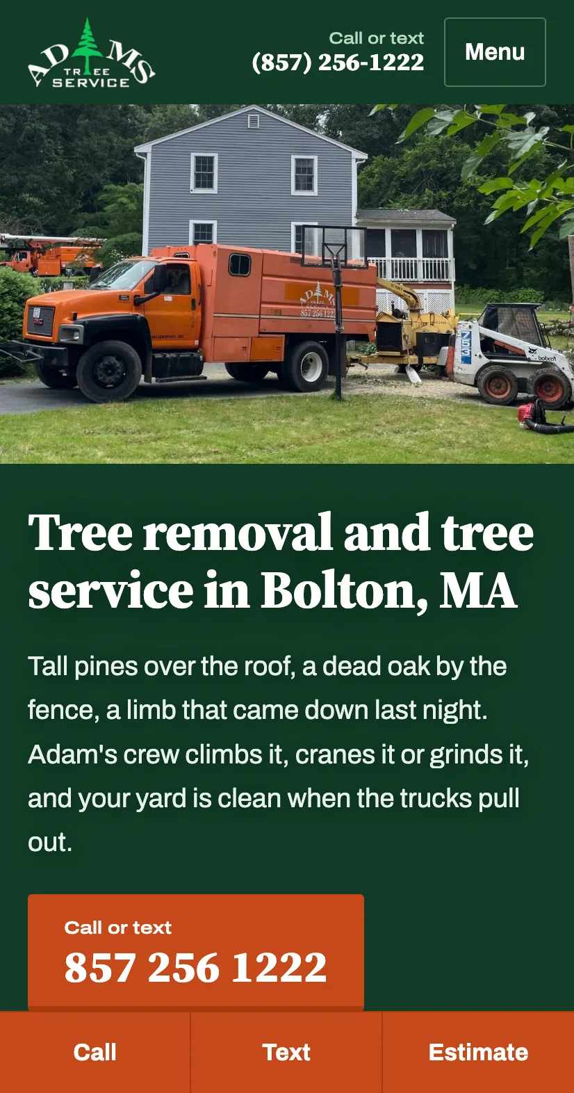 Adam's Tree Service website on mobile