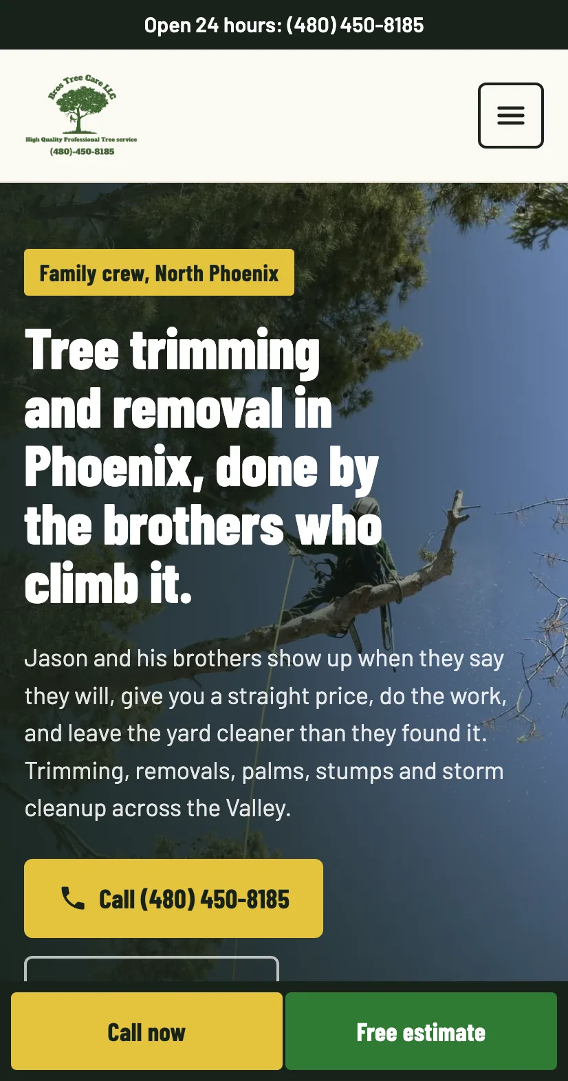 Bros Tree Care website on mobile