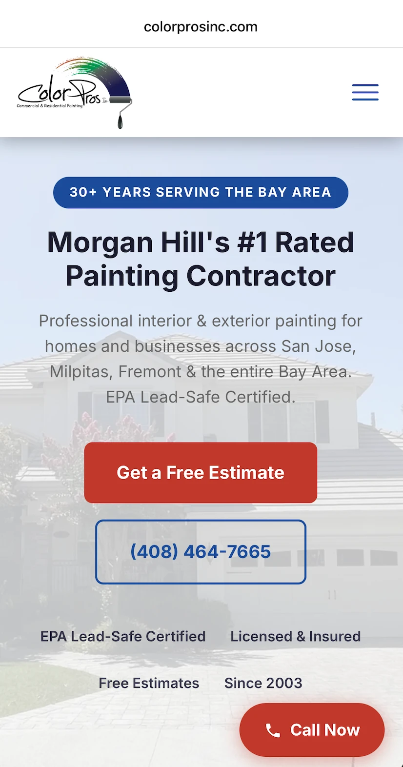 Color Pros Inc website on mobile