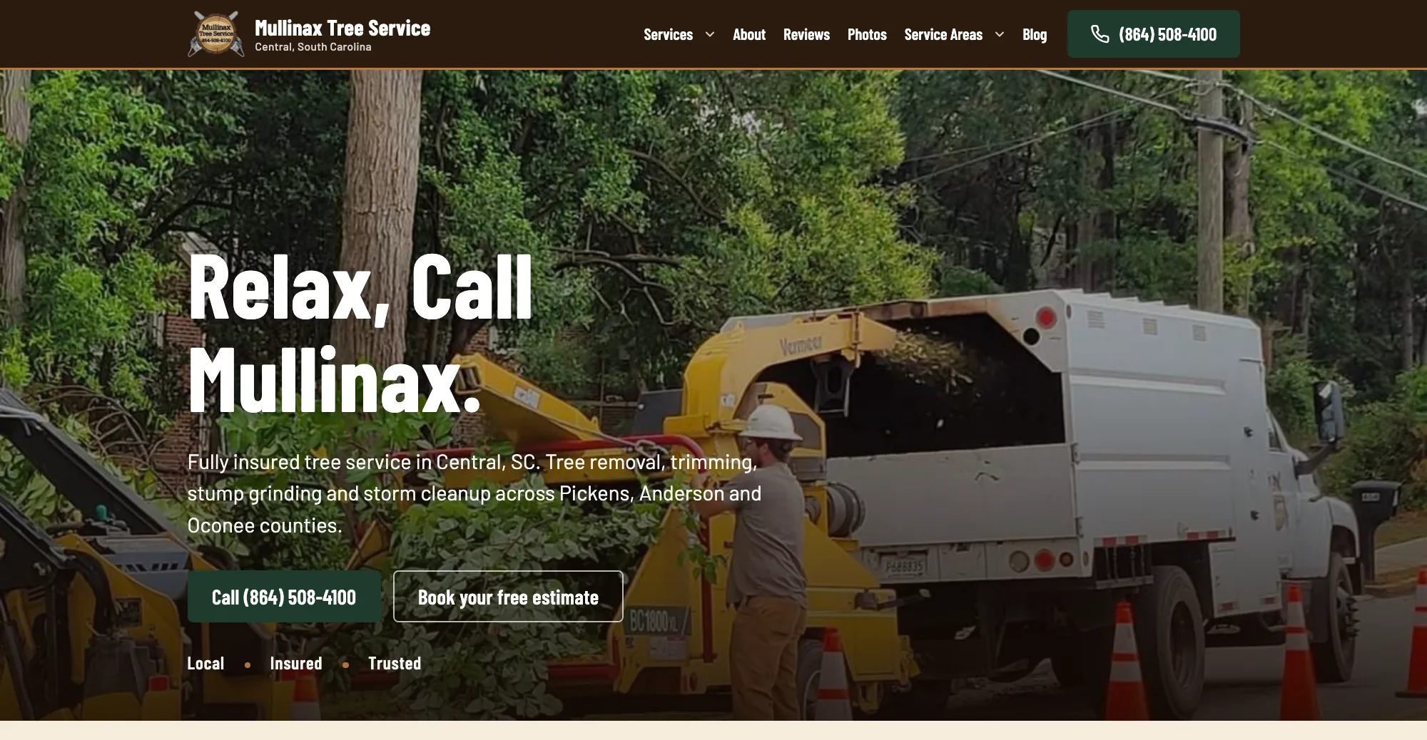 Mullinax Tree Service website on desktop