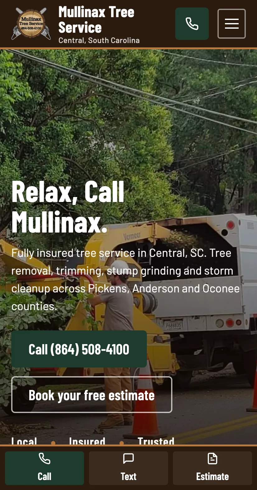 Mullinax Tree Service website on mobile